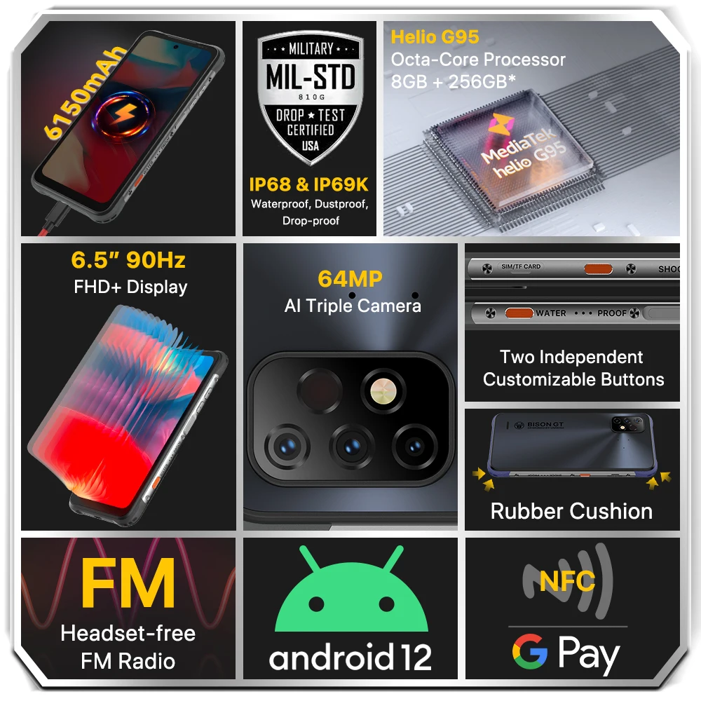 Прочный смартфон Versio UMIDIGI BISON GT2 PRO Android 12 6 5 дюйма FHD + NFC камера 64 мп аккумулятор 6150