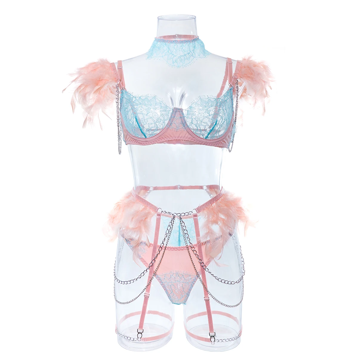 MIRABELLE Feathers Lingerie With Chain Porn Underwear Women Sexy Lace Transparent Bra And Panty Sets 5-Piece Erotic Intimate