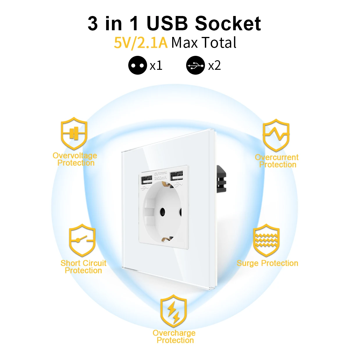 

EU Power socket socket with usb for home,Dual Usb plug 5V 2.1A Glass Panel 86*86mm Usb wall socket Smart LED ON/OFF 16A Outlets