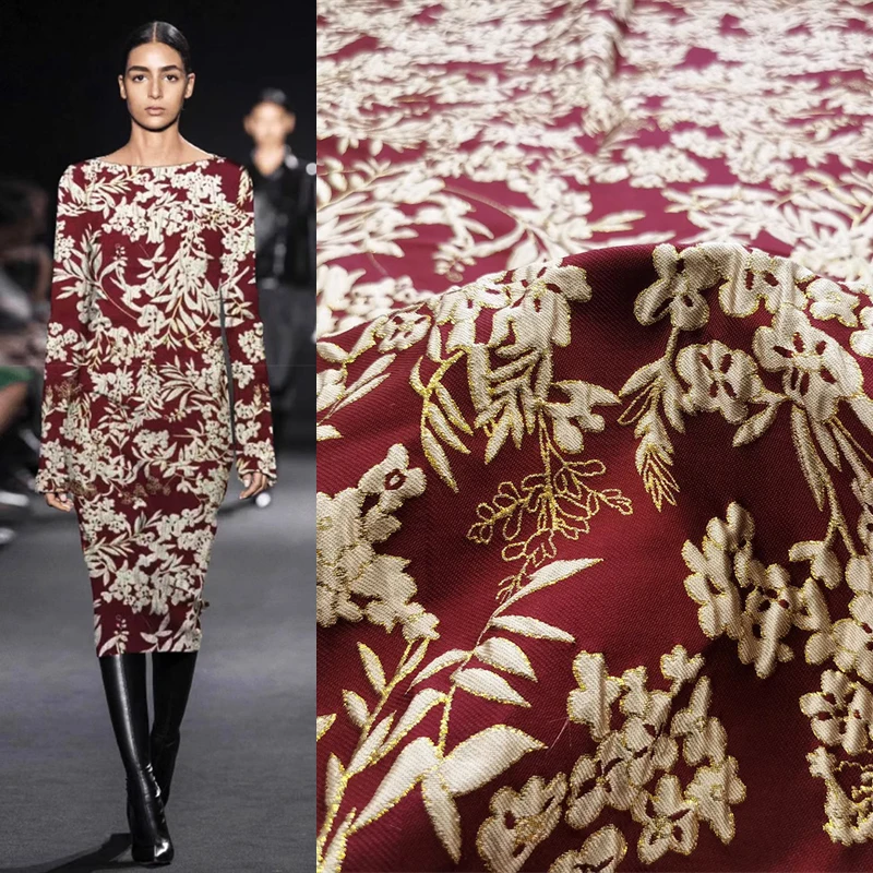 

European Three Dimensional Luxury Gold Silk Jacquard Dress Fabric Dinner Performance Fluffy Skirt Woven Brocade Fashion Fabrics