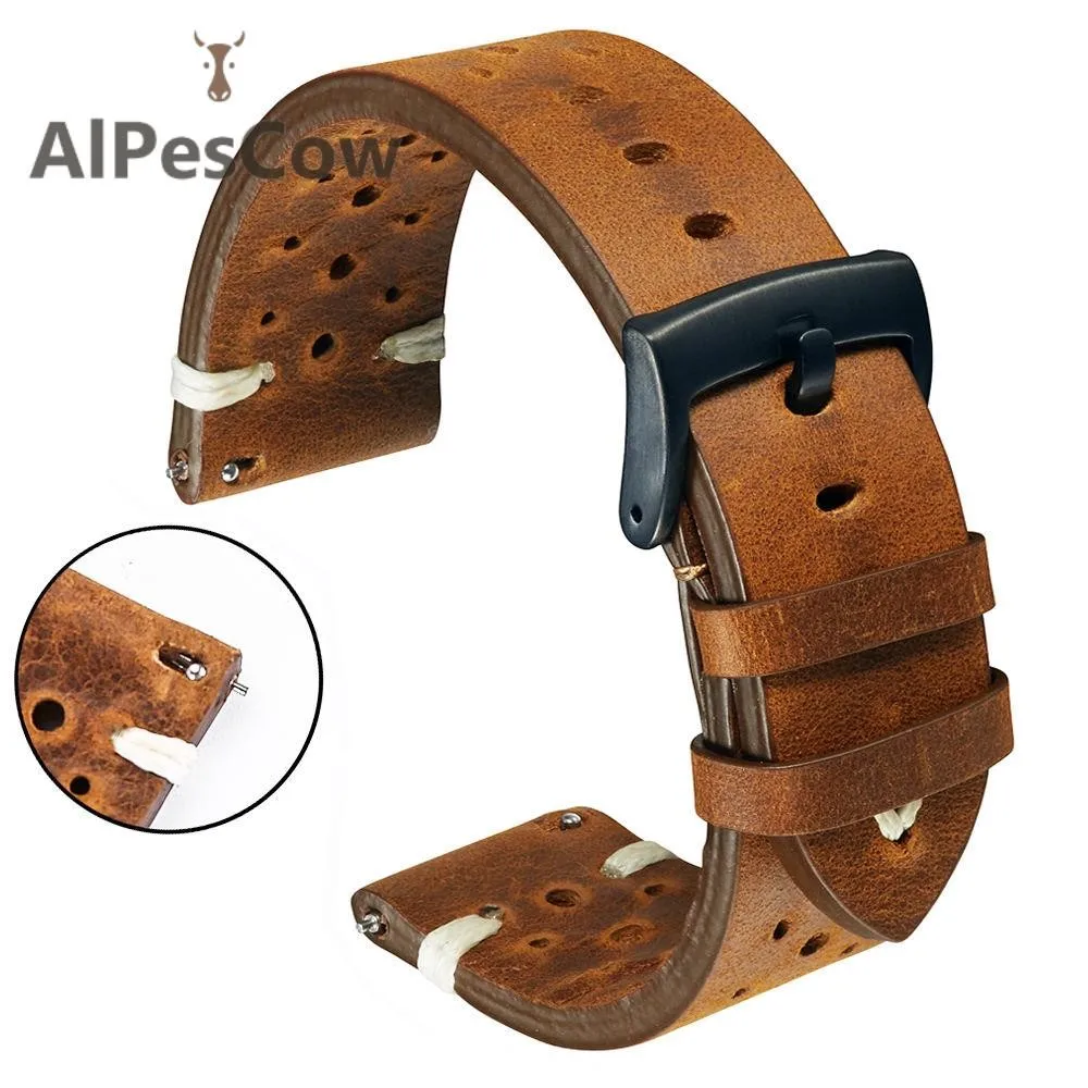 Genuine Leather Watch Bands Belt Porous 18mm 20mm 22mm Dark Brown Handmade Oil Wax Leather Watch Straps Women Men Quick Release