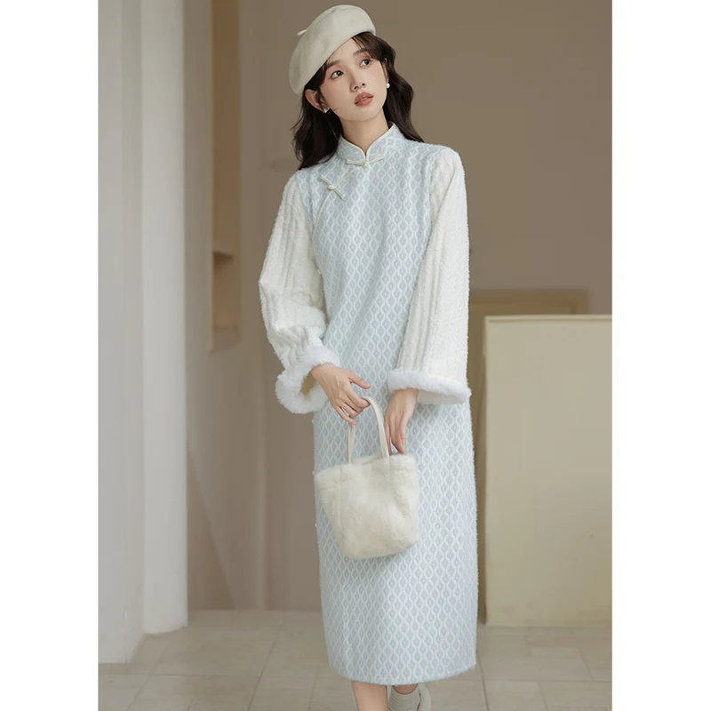 Новое китайское элегантное искусственное женское платье из двух предметов зима