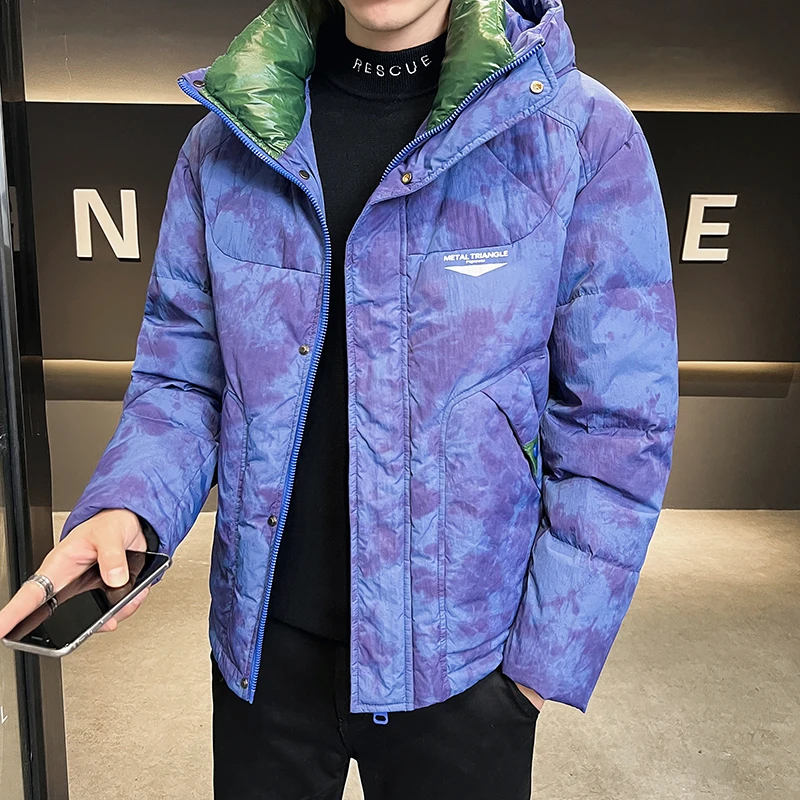 Top Grade Men's Fashion Trend Camouflage Winter Purple Down Jacket 2022 New Men Korean Harajuku Hooded  Thick （Winter) Coats