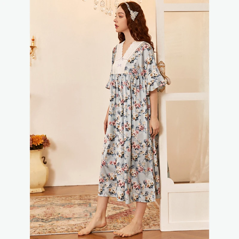 MAYMOLI Fashion Woman Floral Dress Lace V Necknight Dress Women Home Wear Luxury Sleepwear Temperament Nightwears for Ladies