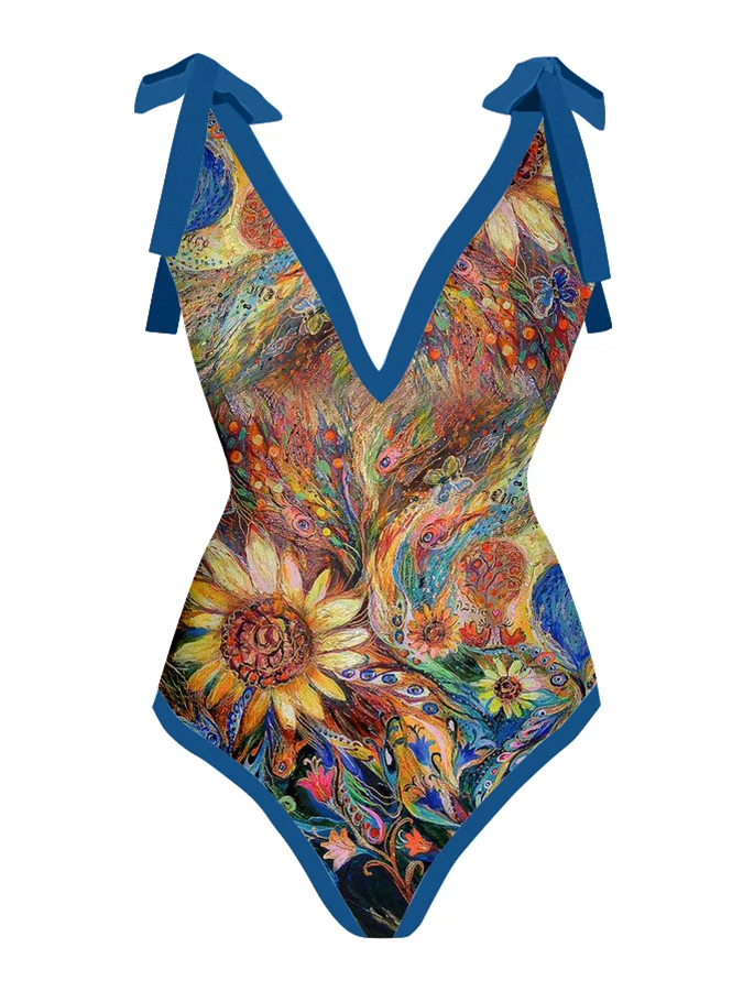 

Vintage Abstract Print One Piece Swimsuit Set