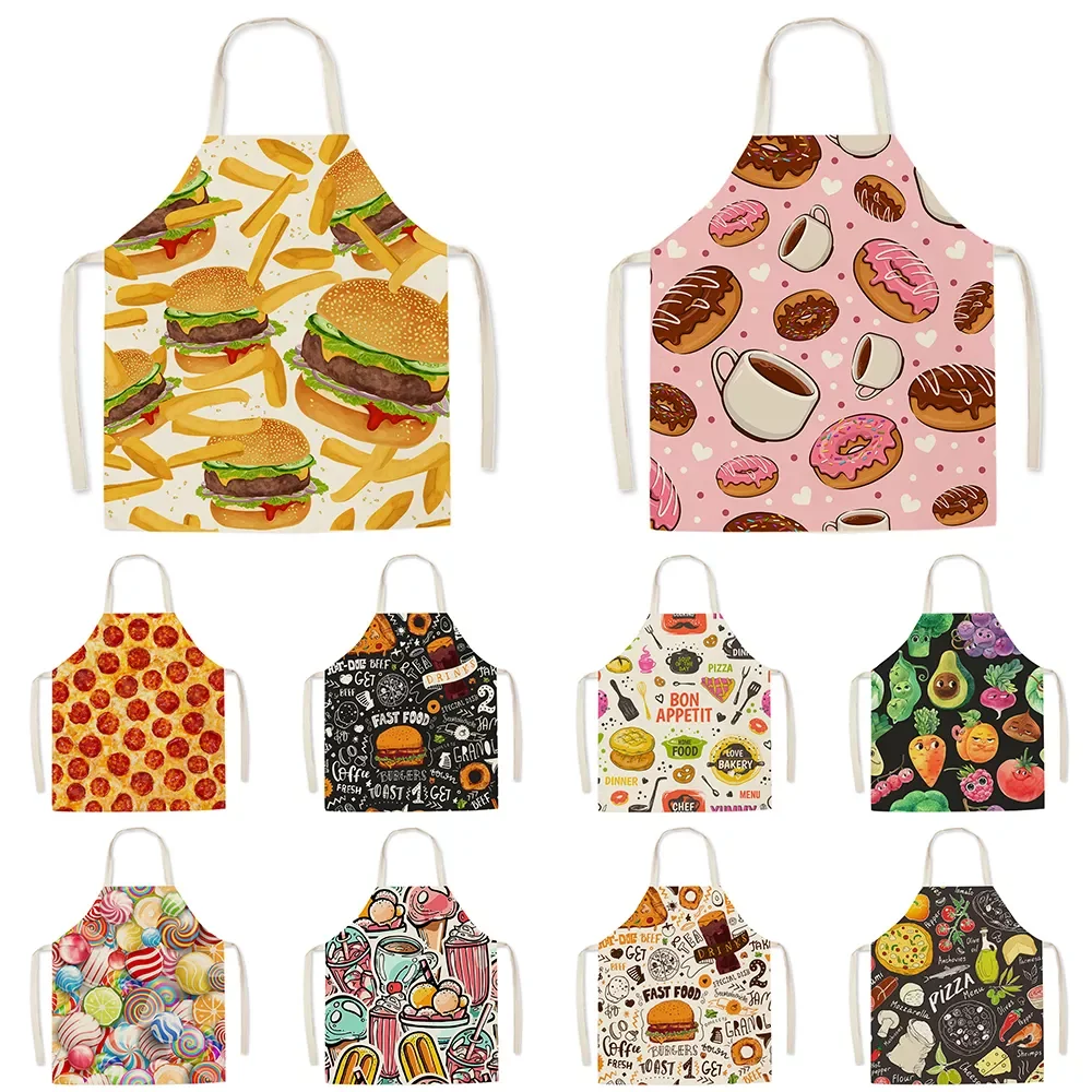 

Cute Gourmet Pattern Kitchen Apron Male Burger Fries Pizza Pattern Children's Sleeveless Apron Household Cleaning Tool Fartu