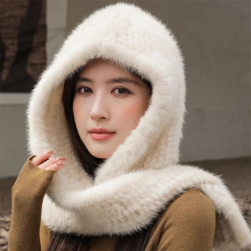 Russia's New Winter Women's Natural Mink Fur Hat Knitted Warm Striped Real Mink Hat Women's Good Elasticity Real Mink Scarf Hat
