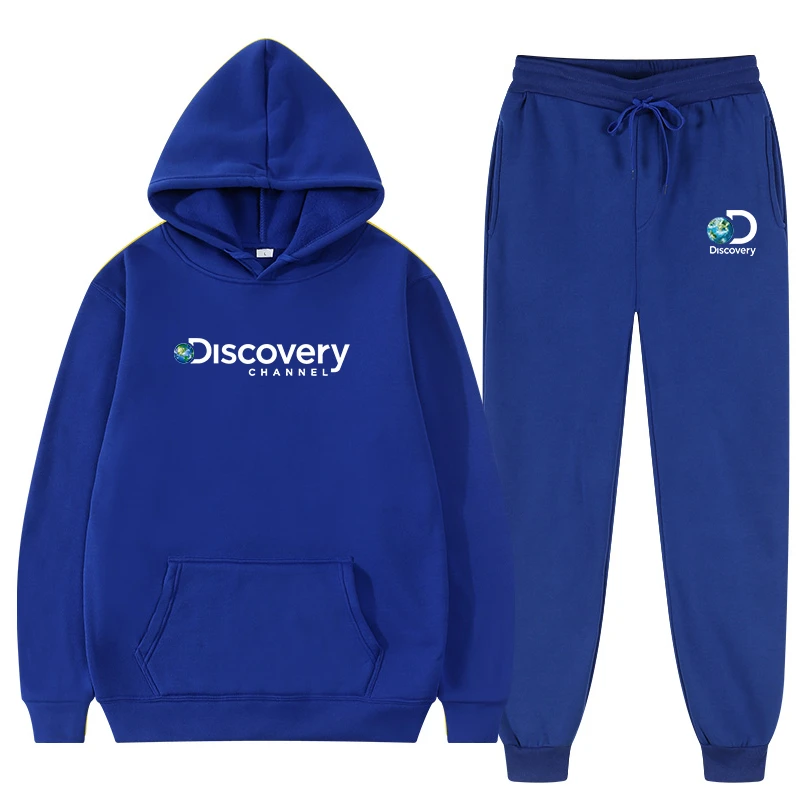 

Discovery Channel Men Hooded Sports Suit Women Casual Solid Color Hoodie and Pants 2 Pieces Set Fleece Sportswear Jogging Suits