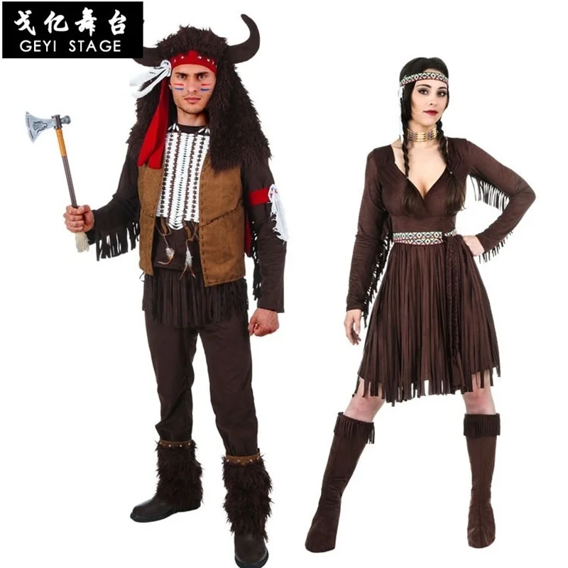 

New men Halloween Primitive Native Indian chief Costume Female Warrior Cosplay Carnival Purim Masquerade Nightclub party dress