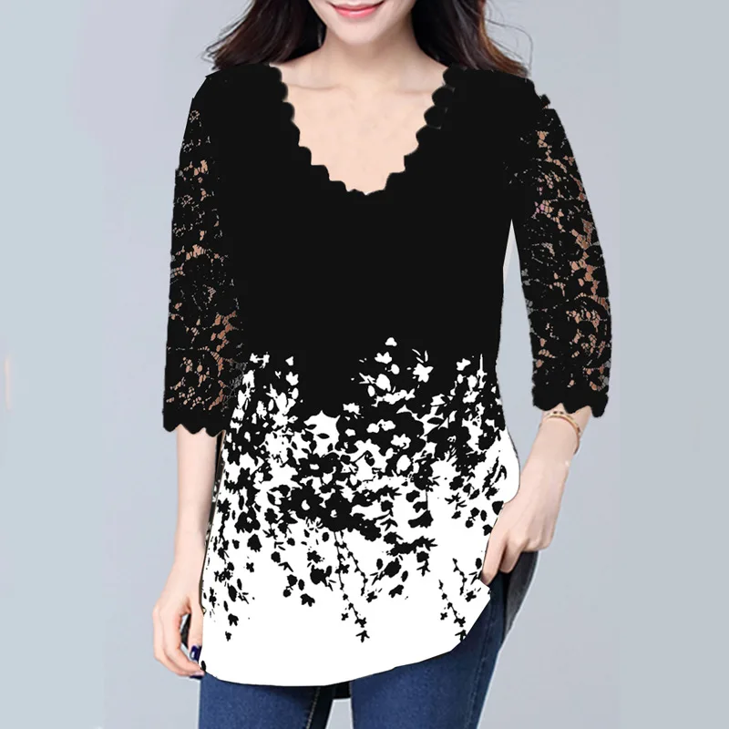 

Spring Fashion Comfortable V-neck Lace Mid-sleeve Print Stitching T-shirt Women
