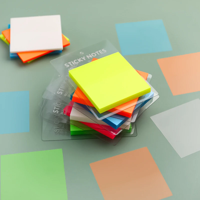 

50Sheets PET Self-adhesive Transparent Sticky Notes Waterproof Pastel Color Memo Pads For Reminders Study School Home Stationery