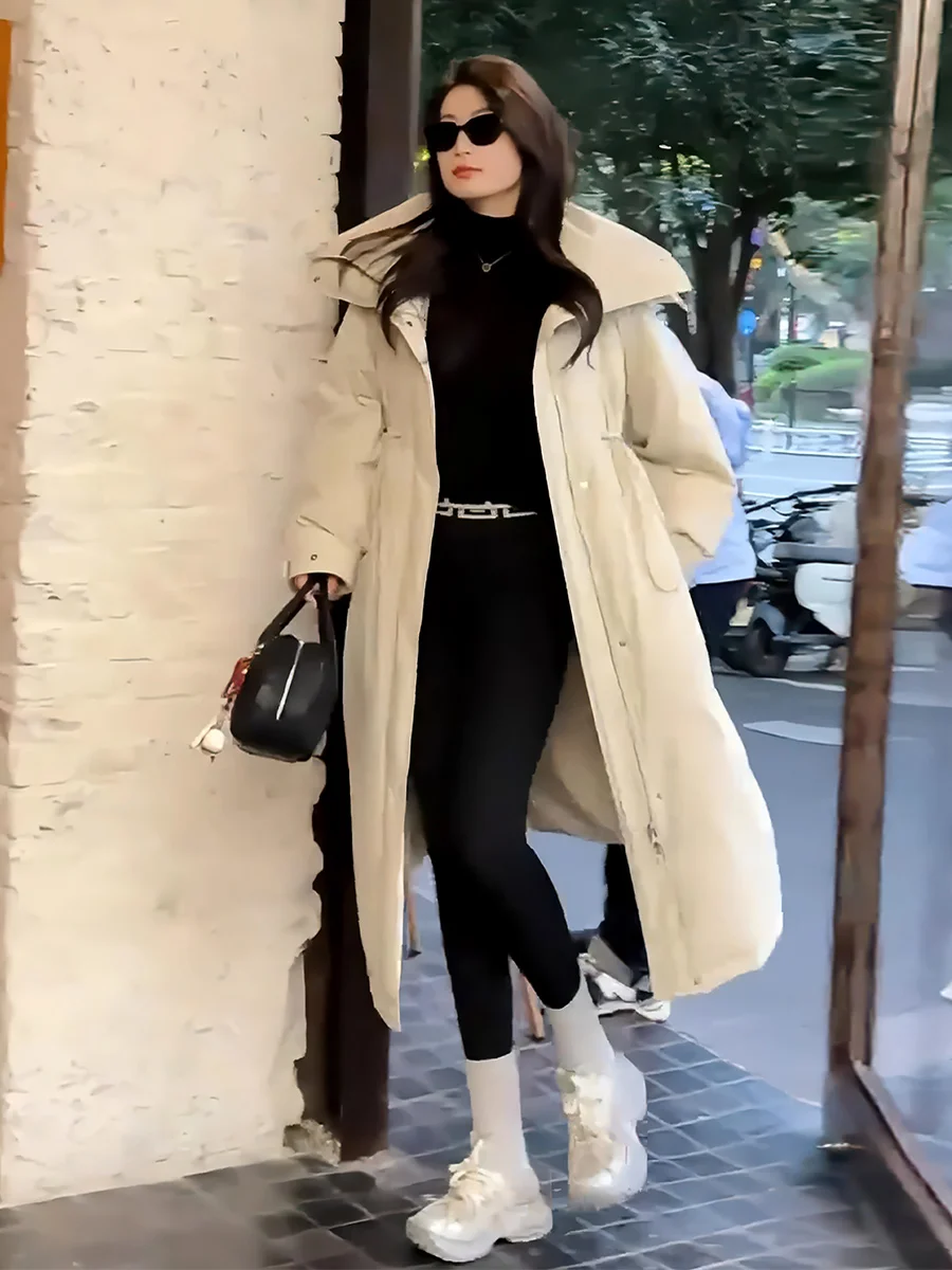 2024 Winter New Fashion Light Luxury Advanced Drawstring Hood Design Long 90 White Duck Down Down jacket Outerwear Women