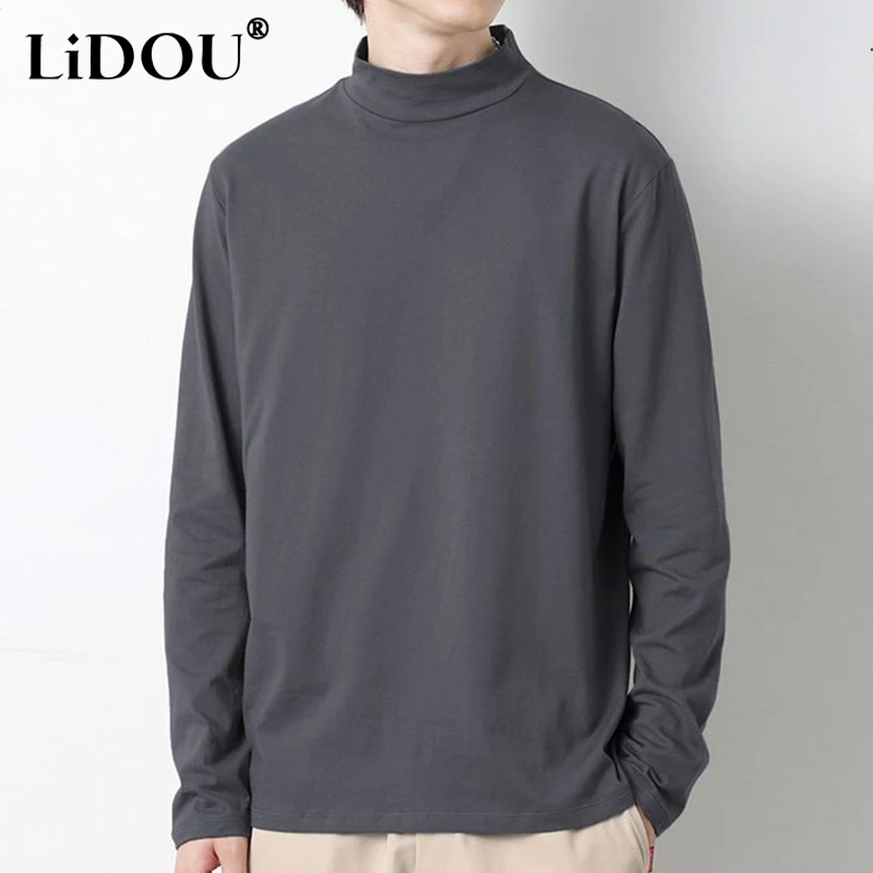 

Spring Autumn Fashion Trend Casual Simple T-shirts Man Half Turtleneck Solid Color Pure Cotton Top Men Long Sleeve Undershirt