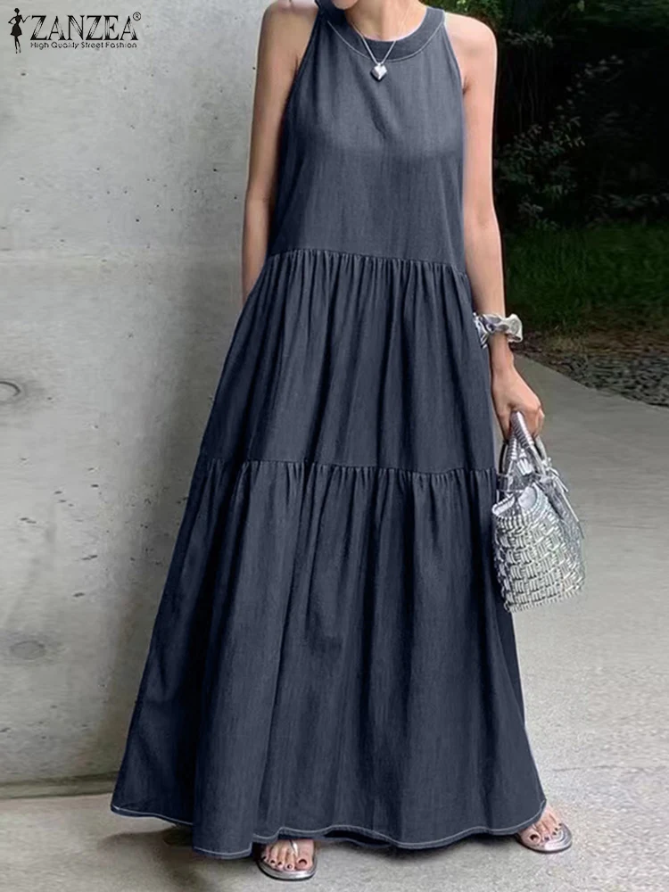 Летний сарафан ZANZEA модное женское джинсовое синее праздничное платье без