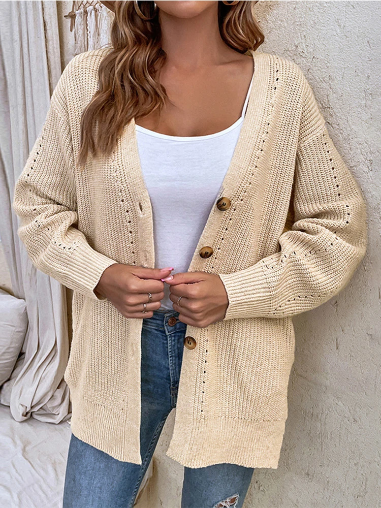 

Foridol Side Slit Knitted Women Sweater Cardigan Hollw Out Casual Loose Autumn Winter New Single Breasted Long Cardigan Knitwear
