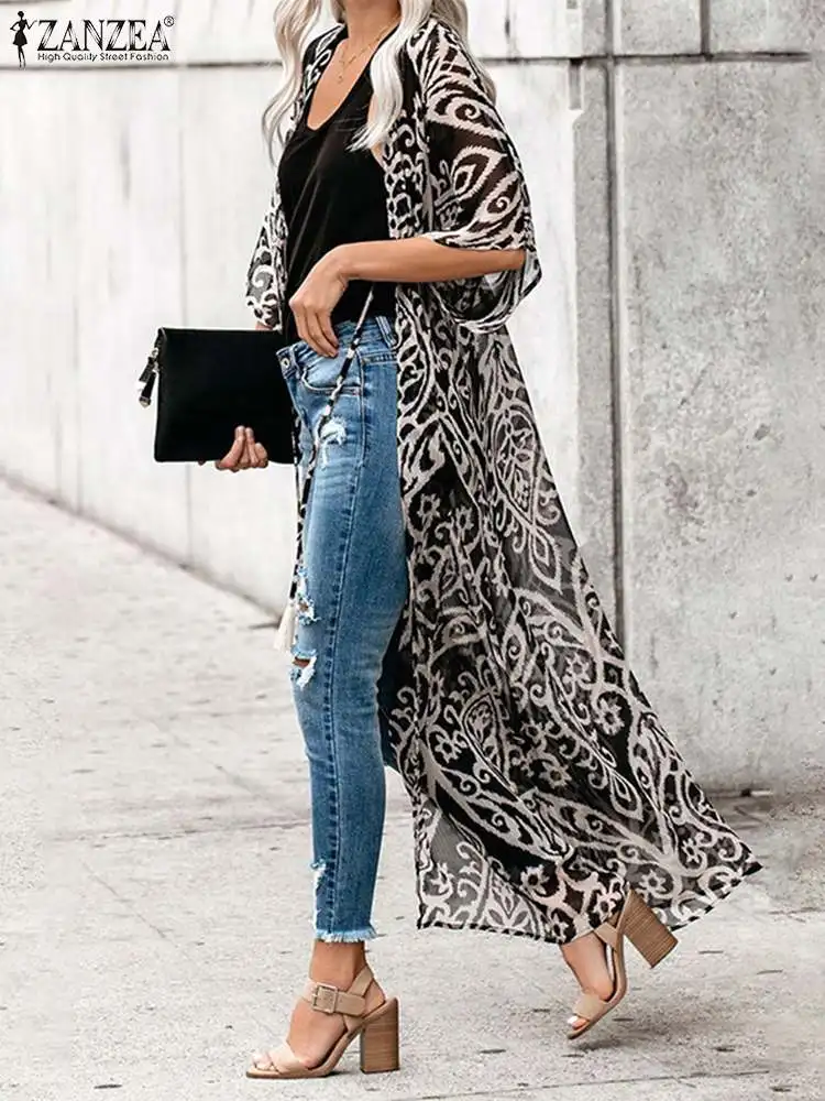 

Holiday Beach Tops Oversized ZANZEA Chic Chiffon Maxi Kimonos Women Elegant Printed Cover Ups 2022 Summer See Through Cardigans