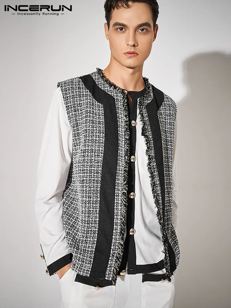 

INCERUN Men Vests Plaid Patchwork O-neck Sleeveless Open Stitch Streetwear Casual Waistcoats Men 2022 Autumn Fashion Vests S-5XL