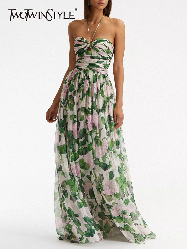

TWOTWINSTYLE Cut Out Print Floor Length Dress For Women Halter Sleeveless Off Shoulder Backless High Waist Slim Dresses Female