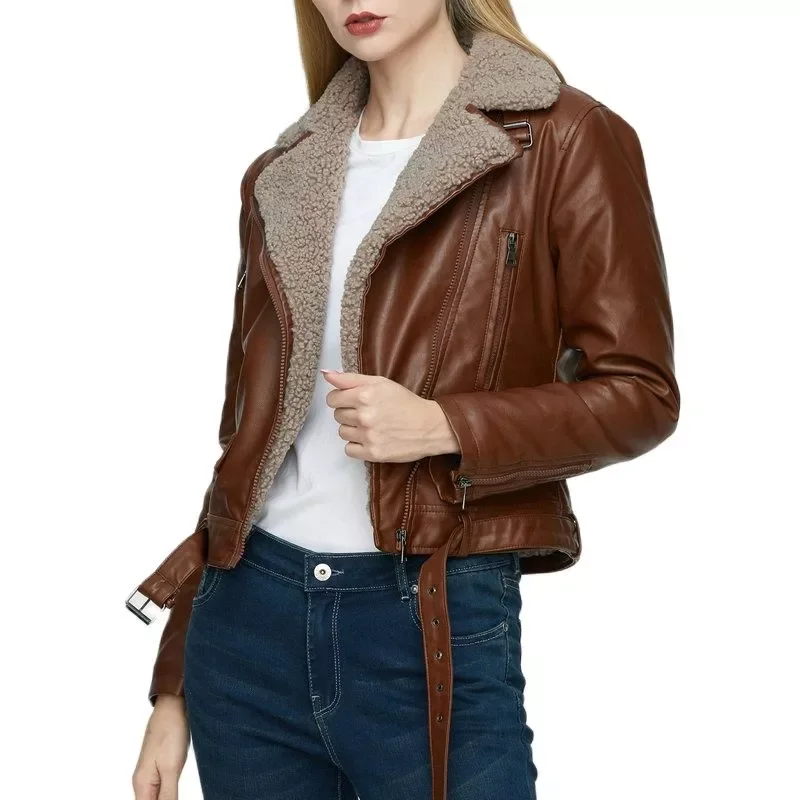 Enlarge 2021 New Women Chic Winter Thick Warm Coffee Faux Sheepskin Leather Teddy Fur Jackets Female Vintage Motor Streetwear Coats Belt