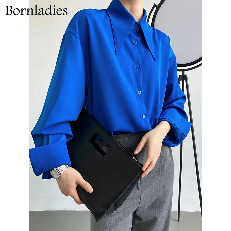 

Bornladies Casual Loose Turn-down Collar Solid Shirts Tops Full Sleeve Single-breasted Female Blouses 2022 spring Blusas Femme
