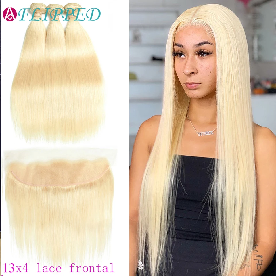 Brazilian Weaving 613 Blonde Bone Straight Hair 3/4 Bundles With 13x4 Lace Frontal Closure Human Remy Hair Extensions 30 Inches