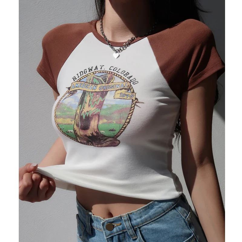 

TVVOVVIN 2022 новая Ретро футболка с принтом алфавита с круглым вырезом и коротким рукавом Женский Летний Тонкий пикантный короткий топ J5P4