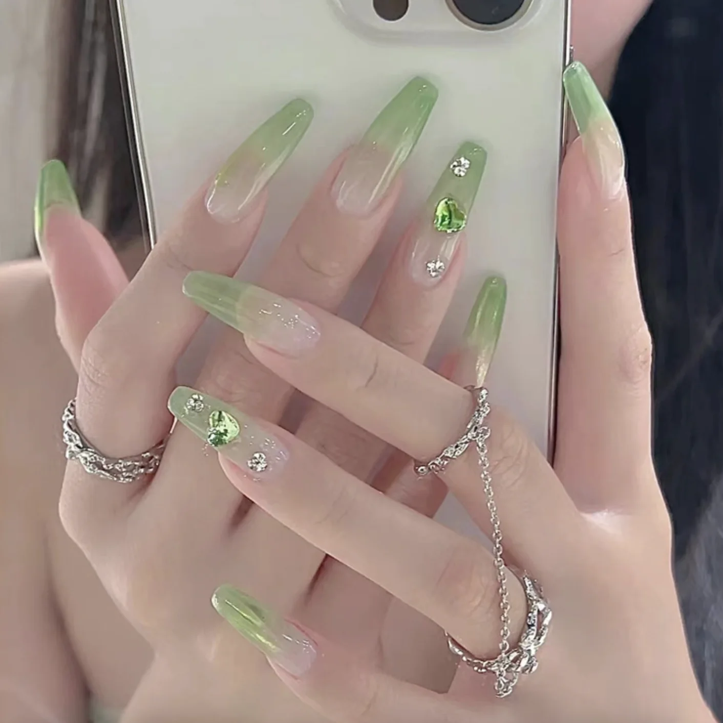 

Super Long Heart False Nails Green Diamond Aurora Gradient Green Nails Set Press On Nails Fake Nails Art Wish French Nail Tips