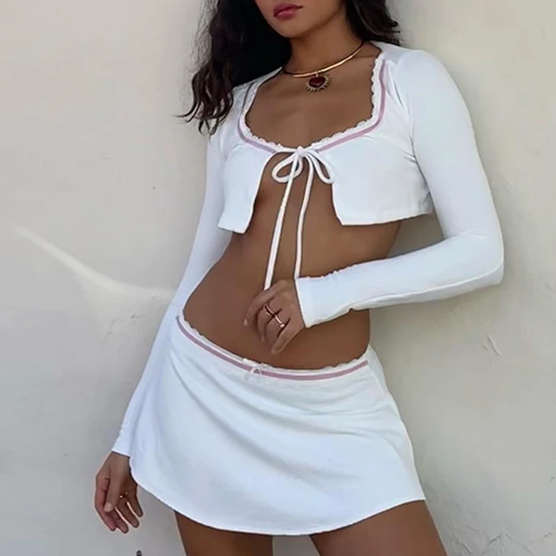 

Autumn Summer Outfits Ladies Contrast Color Lace Patchwork Edge Long Sleeve Tie-Up Crop Tops+Elastic Skirts Set Beach Streetwear