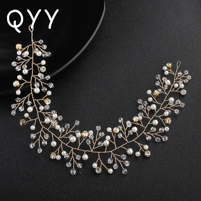 

Простые гибкие жемчужные повязки на голову QYY, свадебные аксессуары для волос ручной работы с австрийскими кристаллами, Тиары золотого цвет...