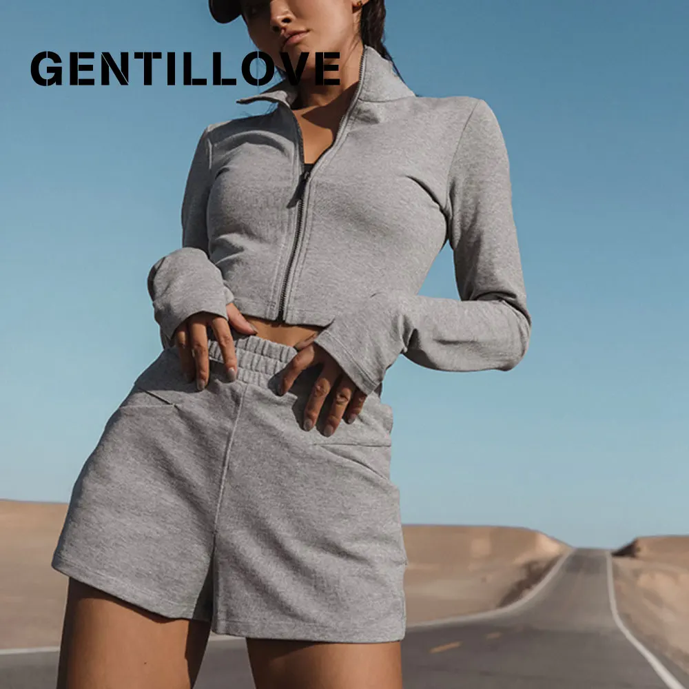 

Casual Solid Sport Jogger Outfit Two Pieces Set Women Shorts and Long Sleeve Zip Up Cropped Top Suits Spring Summer Tracksuits