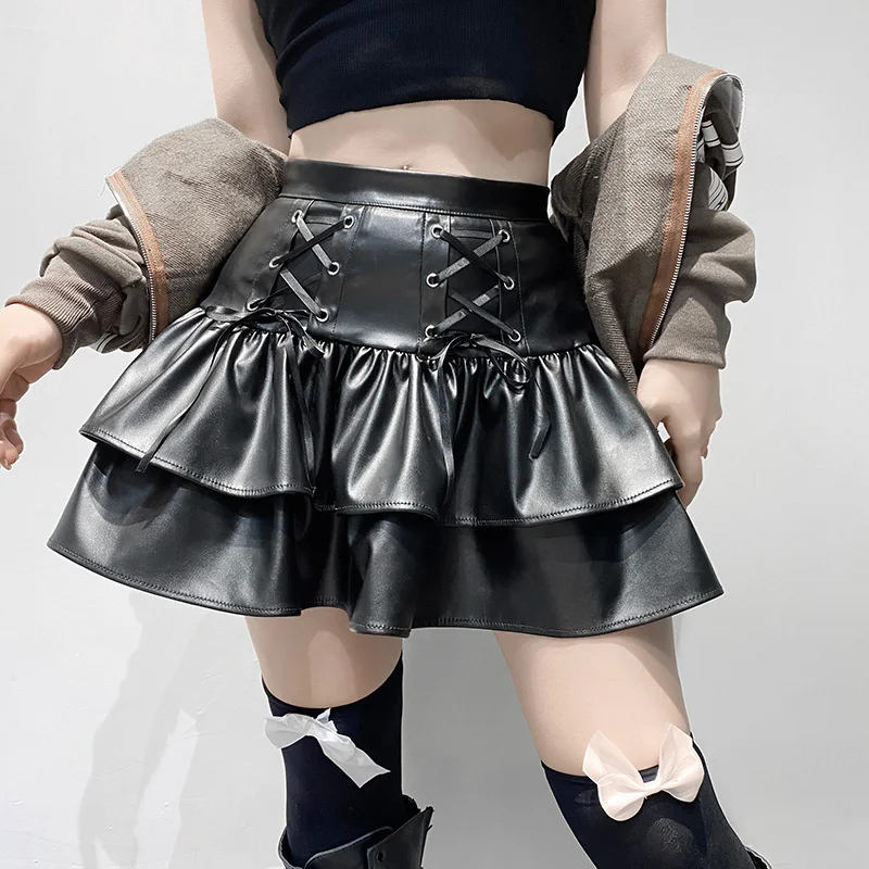 Punk Street Style PU Leather Mini Skirts Hight Waist Lace Up Bandage Black Pleated Mini Skirt Streetwear Girls Dark Academia