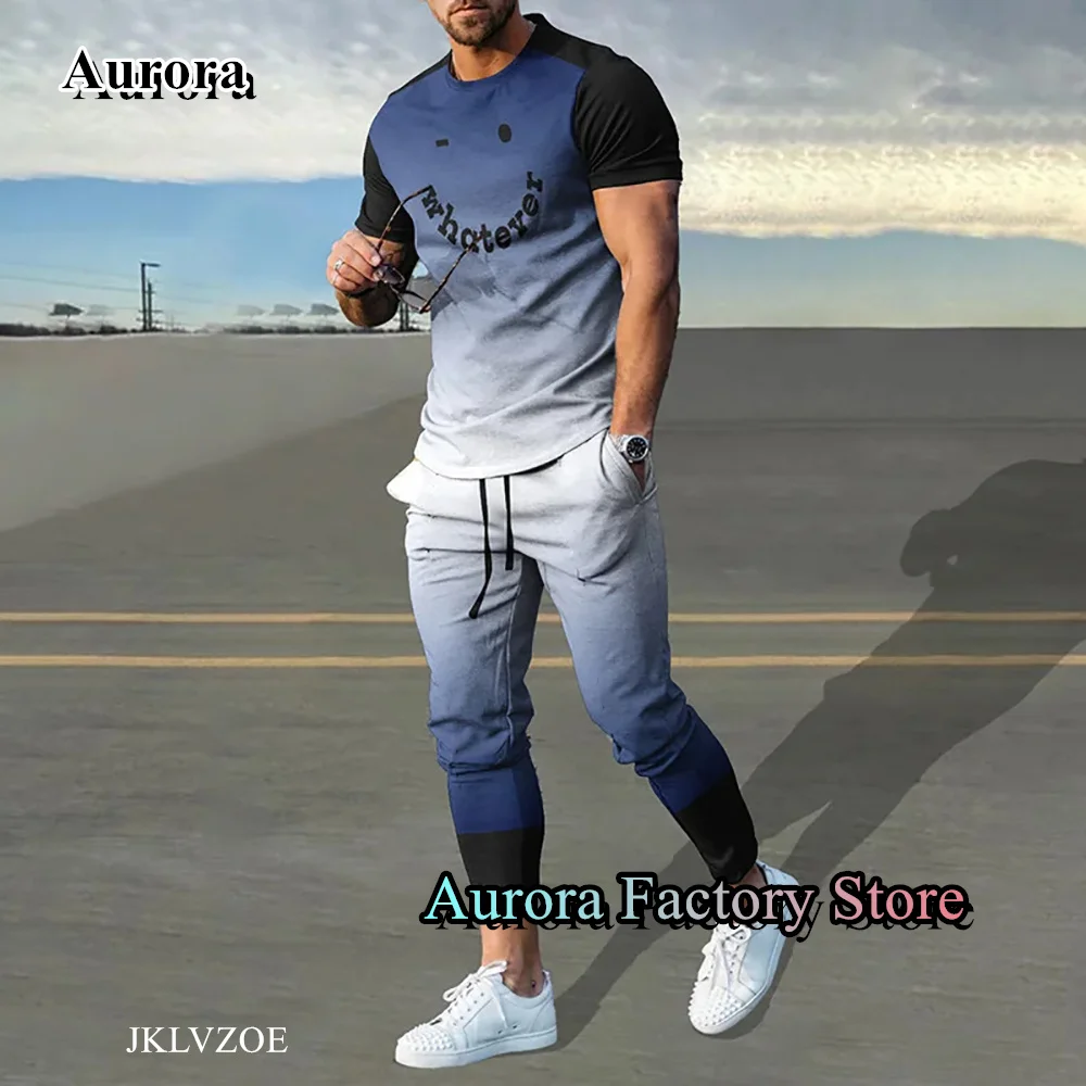 Summer Men Smile Printing Tracksuit 2 Pieces T-Shirt Long Pants Set Casual Jogging Suit Fashion Trousers Outfit Male Streetwear