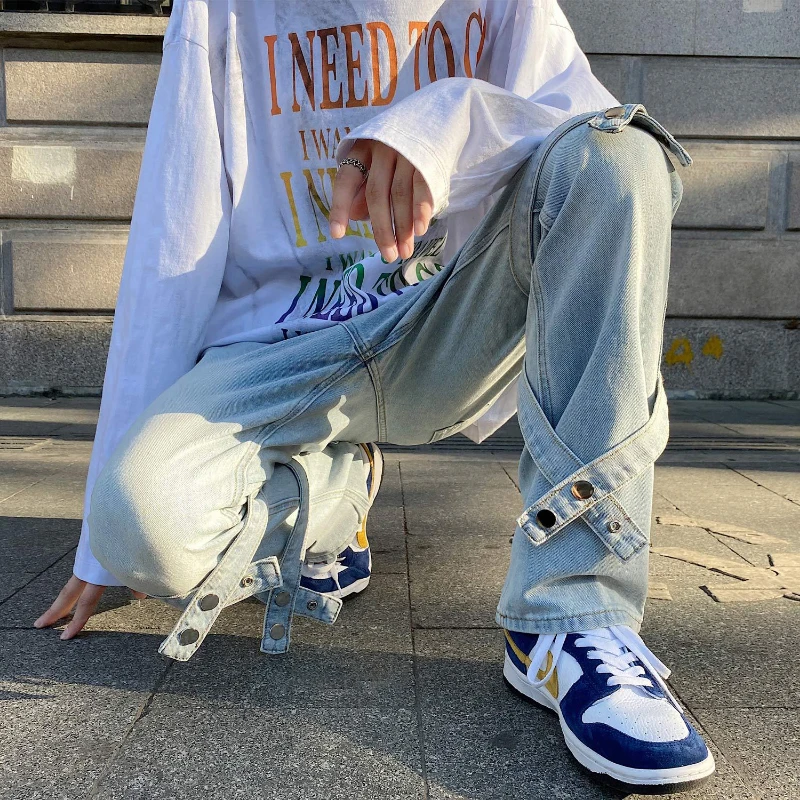 DEEPTOWN Hip Hop Straight Jeans Men Streetwear Loose Casual Denim Pants Fashion Black Ribbons Punk Trousers Male Spring Autumn