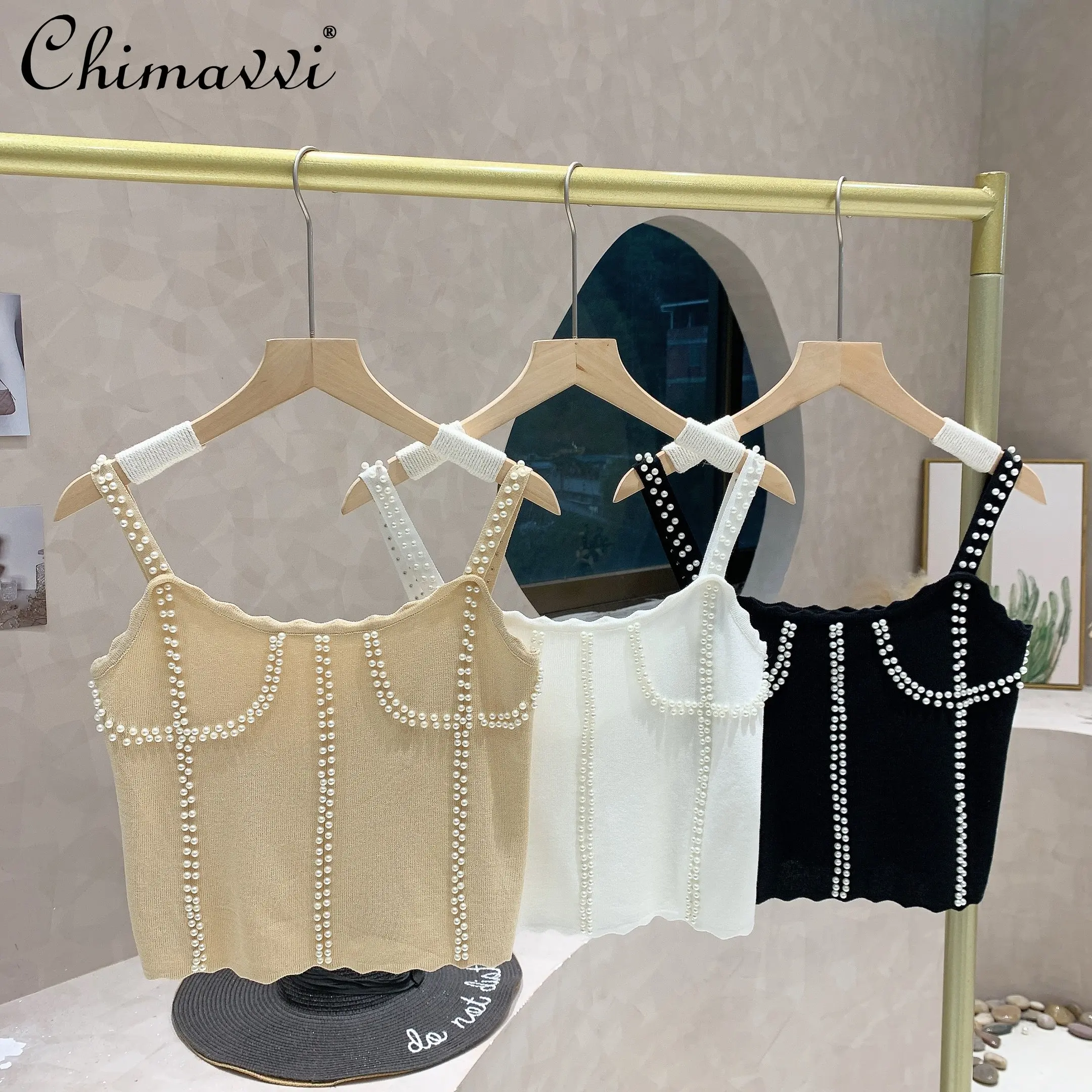 

French Style White Sexy Pearl Suspender 2023 Summer New Fashion Inner Match Base Vest Outer Wear Lady Elegant Womens Tube Top