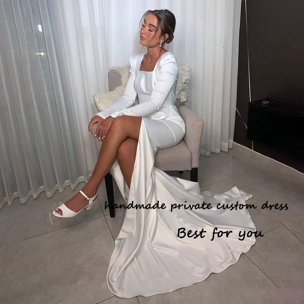 

Simple Civil White Satin Mermaid Wedding Dresses Long Sleeve Square Neck Bridal Gowns with Split Elegant Bridesmaid Dress