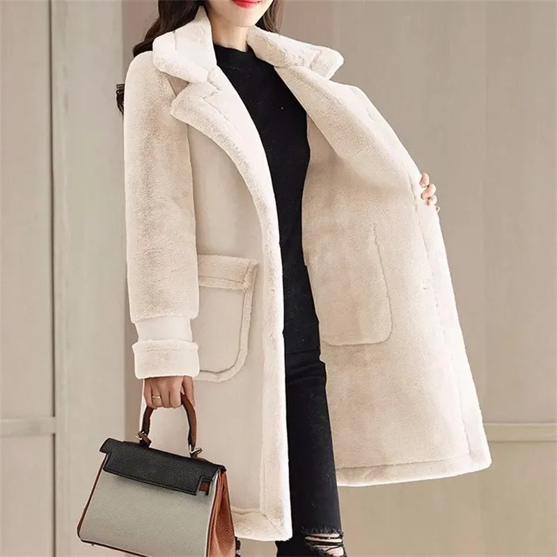 2022 Winter Warm Coat Plush Thick Lamb Wool Coat Women's Mid-Long Thick Velvet Loose Deerskin Plush Fur Coat Female Warm Jackets