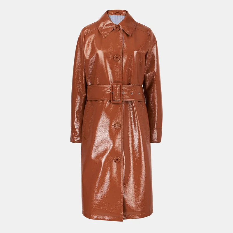 Женский плащ из натуральной кожи однобортный с отложным воротником и широким