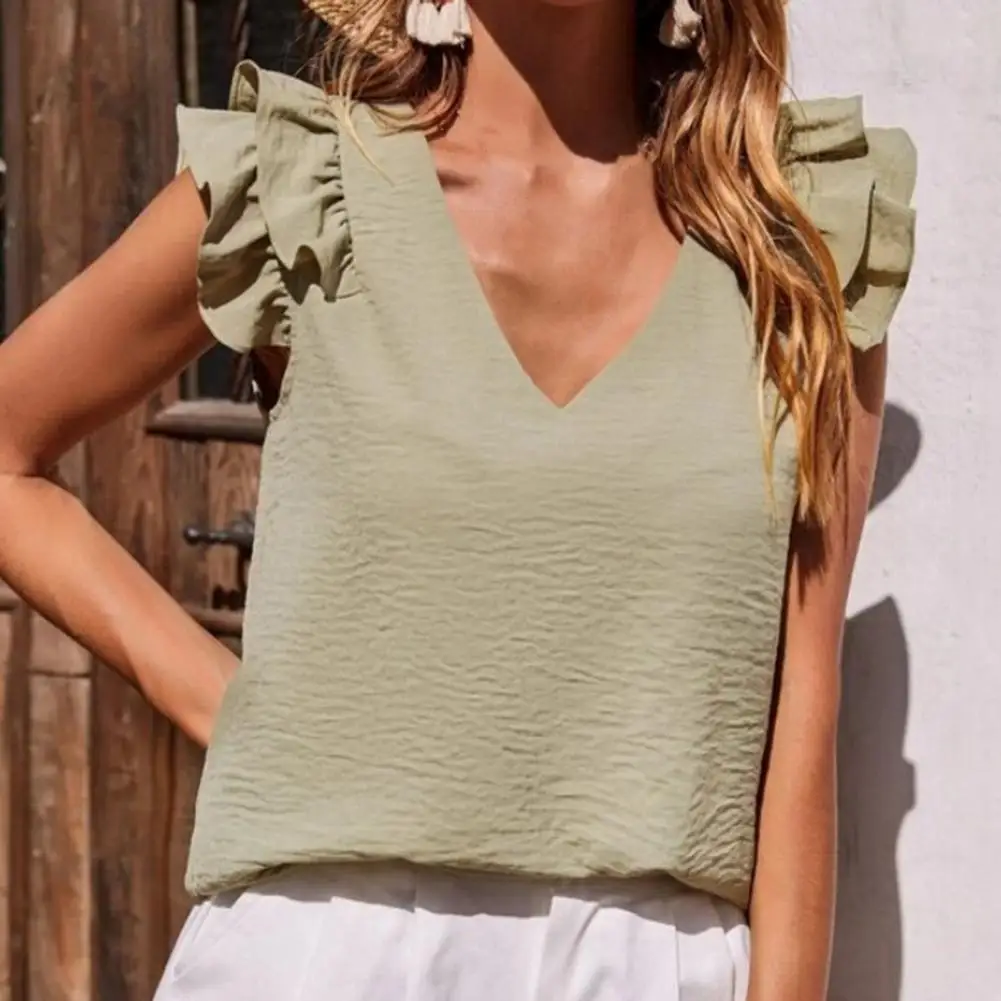 

Ruffle Sleeve Solid Color Top V-neck Loose Summer Blouse Elegant Anti-Pilling Breathable Women Top Temperament Casual Top