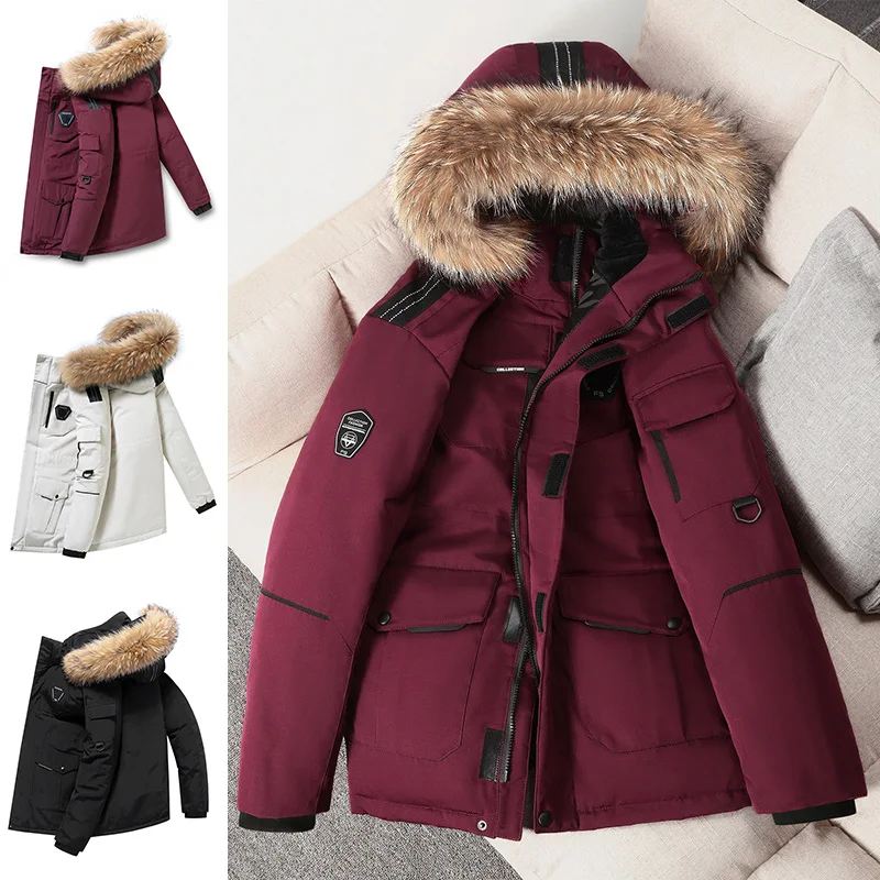Men Winter Down Jacket Fashion Workwear Style Young Puffer Jacket Thicken Warm Hooded White Duck Down Anorak Outdoor Waterproof