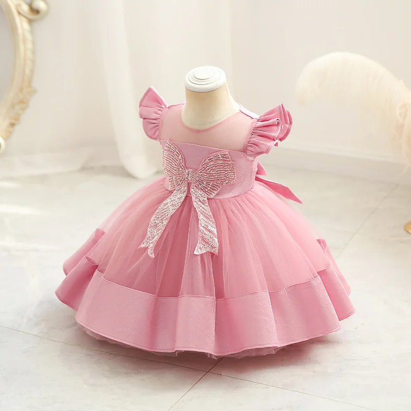 

Children's dress new girls' Princess Dress Sequin bowknot small flying sleeve mesh dress baby full month one year old skirt