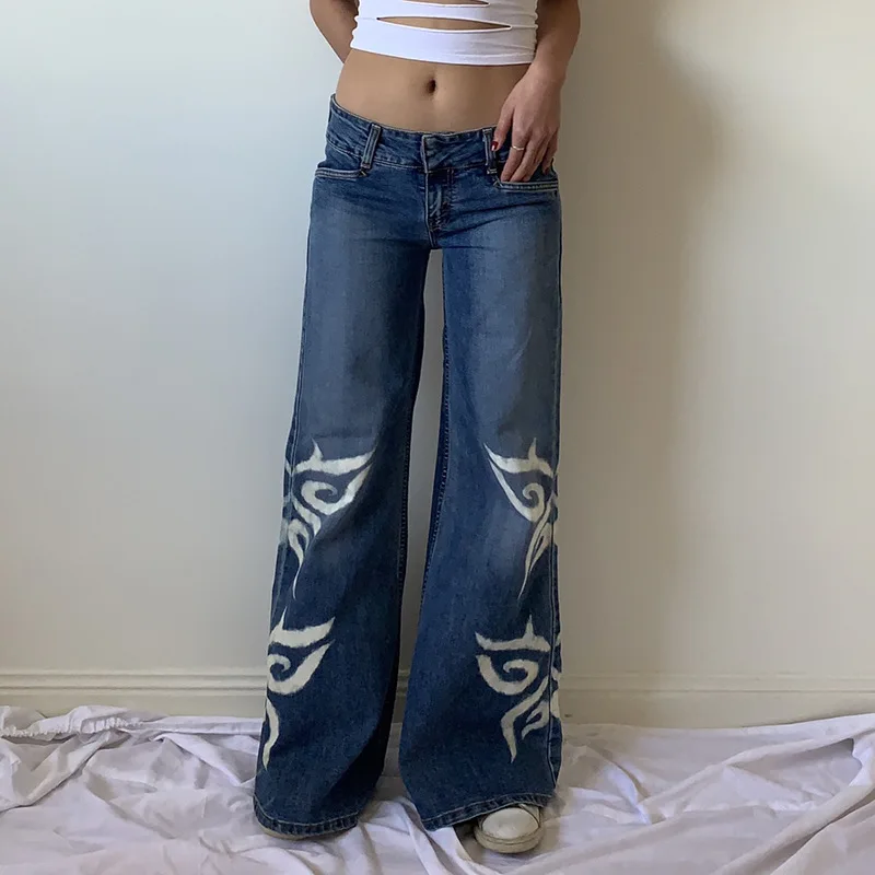 Street-style Jeans Women Irregular Printed Loose Pants Low Waist Pleats Washed Into Old Multicolor Straight Jeans