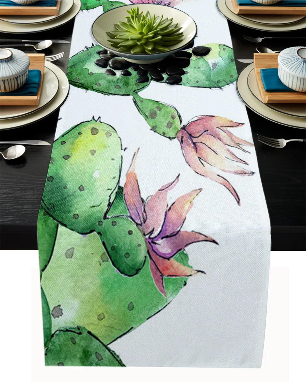 

Plant Green Cactus Flower Table Runner Luxury Home Dining Table Coffee Table Holiday Wedding Decor Party Table Runner