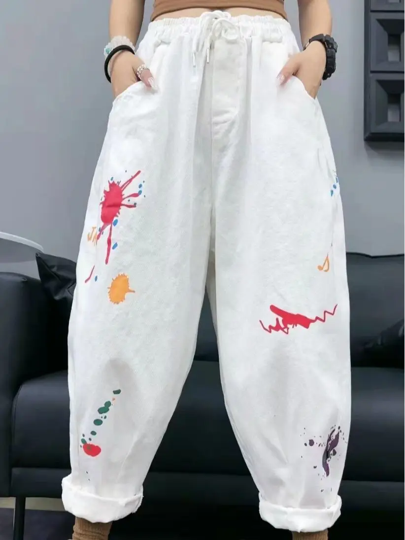 

Женские свободные джинсы с поясом на резинке и широкими штанинами, до щиколотки