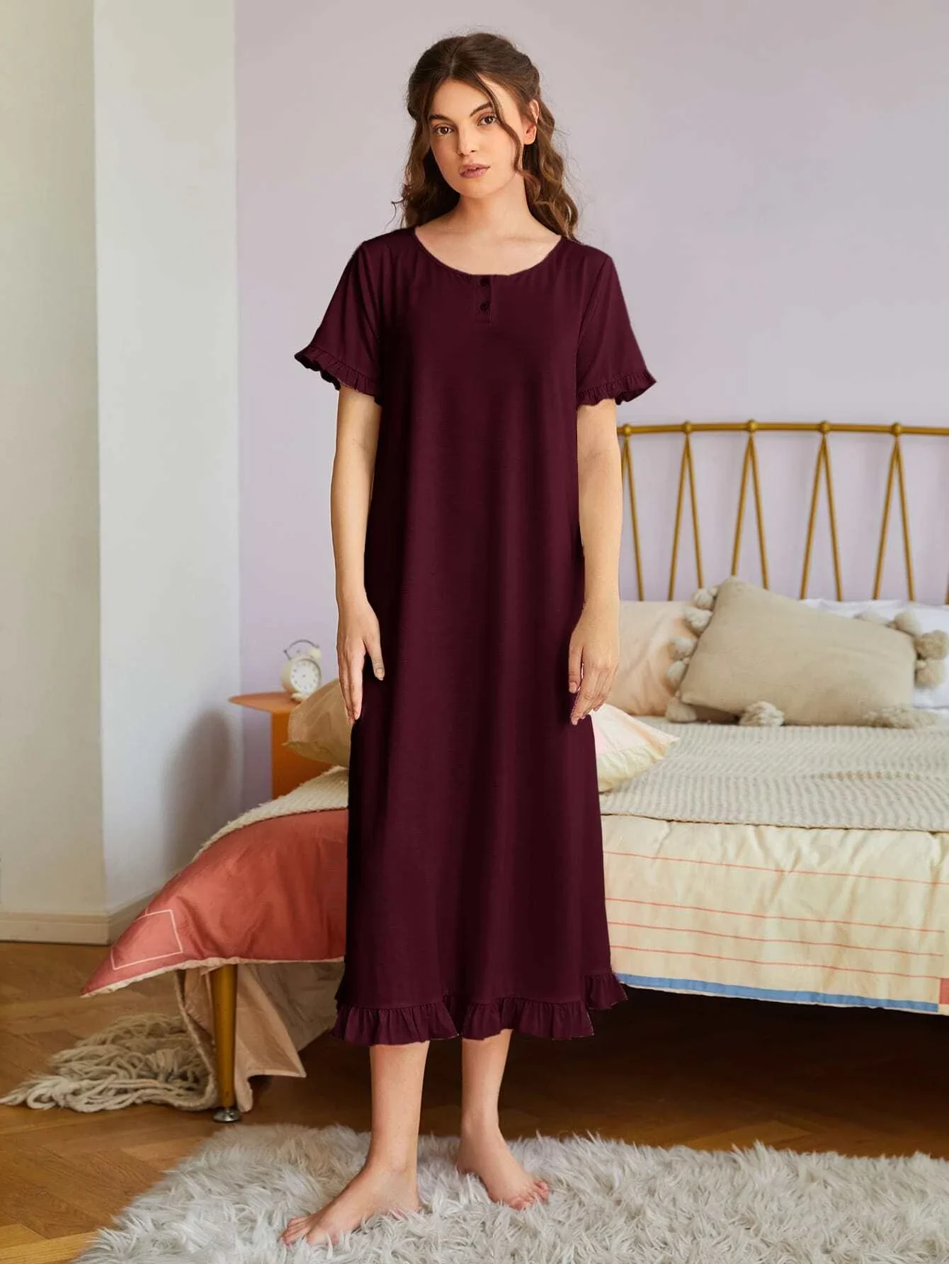 

Flounce Sleeve Ruffle Hem Lounge Dress Sleepwear