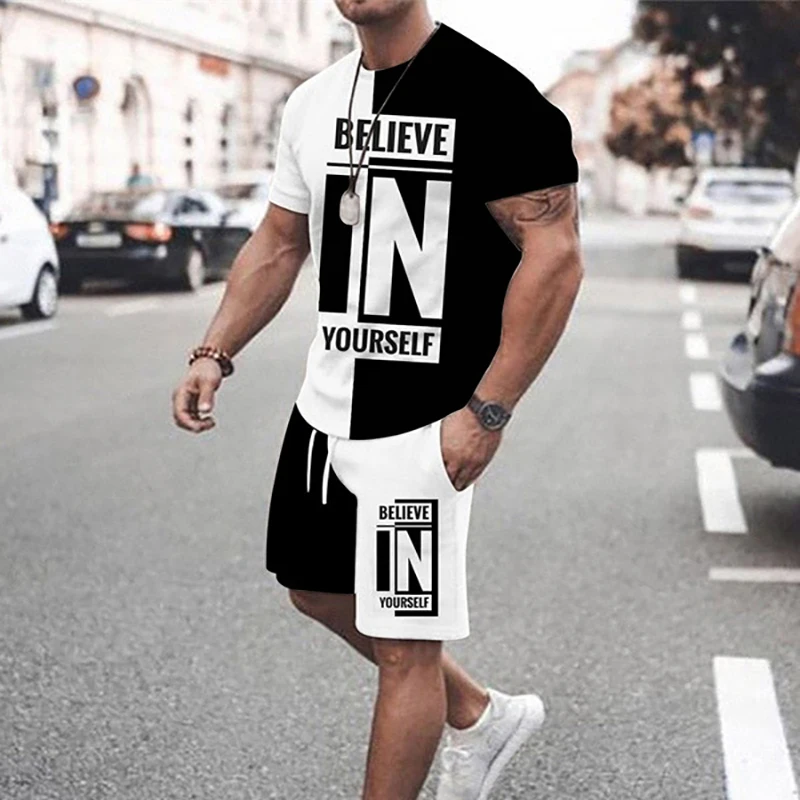 

Summer Short Sleeve O-Neck Tees And Shorts Outfit Letter Printing Tracksuits Casual Men 2 Piece Set 2022 Streetwear Mens Clothes