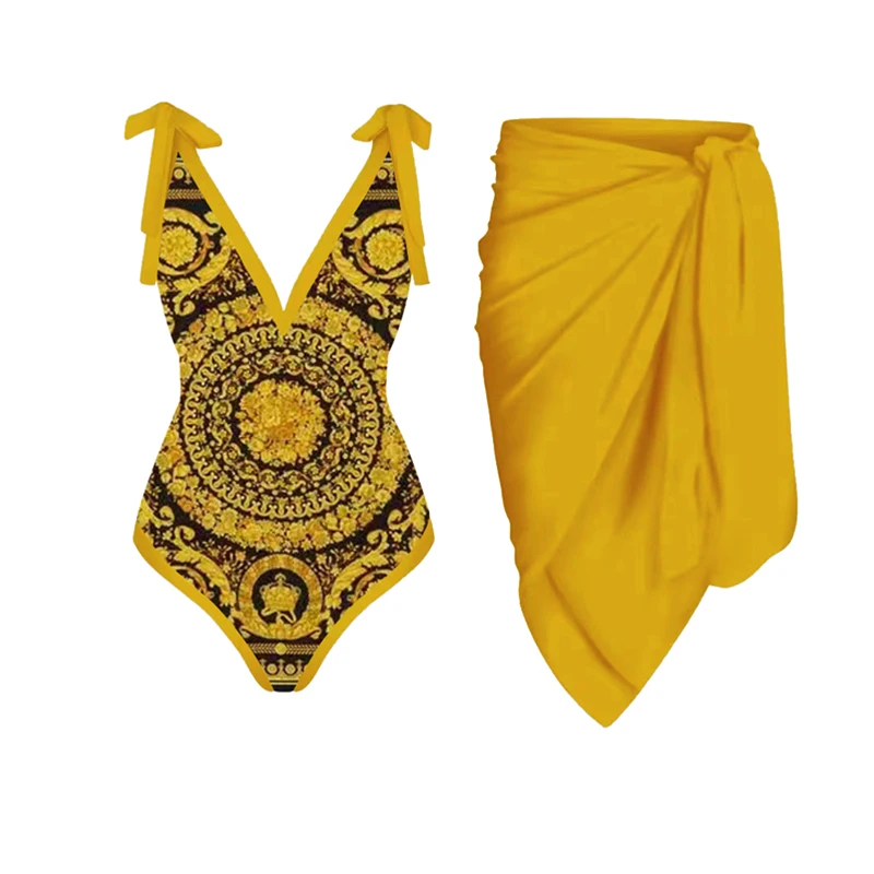 2023 LANSWE Retro Print Deep V One-Piece Swimsuit One-Piece Women Smock Swimwear Two-Piece Suit Summer Beach Wear OP059