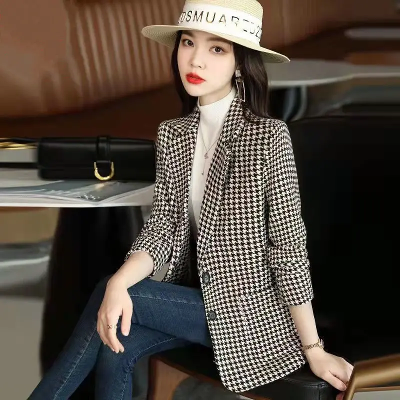 

Women Plaid Mid-Length Slim-Fit Coat Temperament Suit Jacket Female Lady 2022 New Houndstooth Woolen Small Blazer Jackets E231