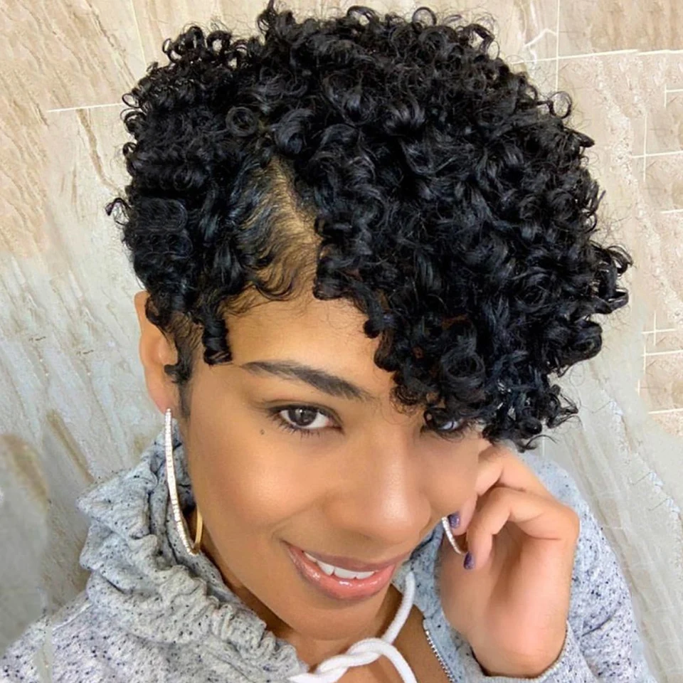 Trueme Curly Human Hair Wig Short Bob Lace Wigs Colored Brazilian Hair Wig For Black Women Jerry Curl Pixie Cut Lace Part Wig