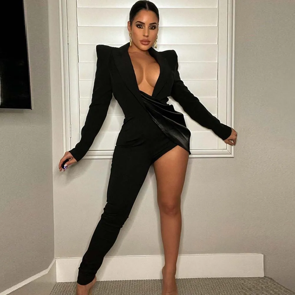 

Jumpsuit New Long Sleeve Shoulder Pads Suit Collar Asymmetric Design Jumpsuit Single Leg Pants Nightclub Fashion 2022