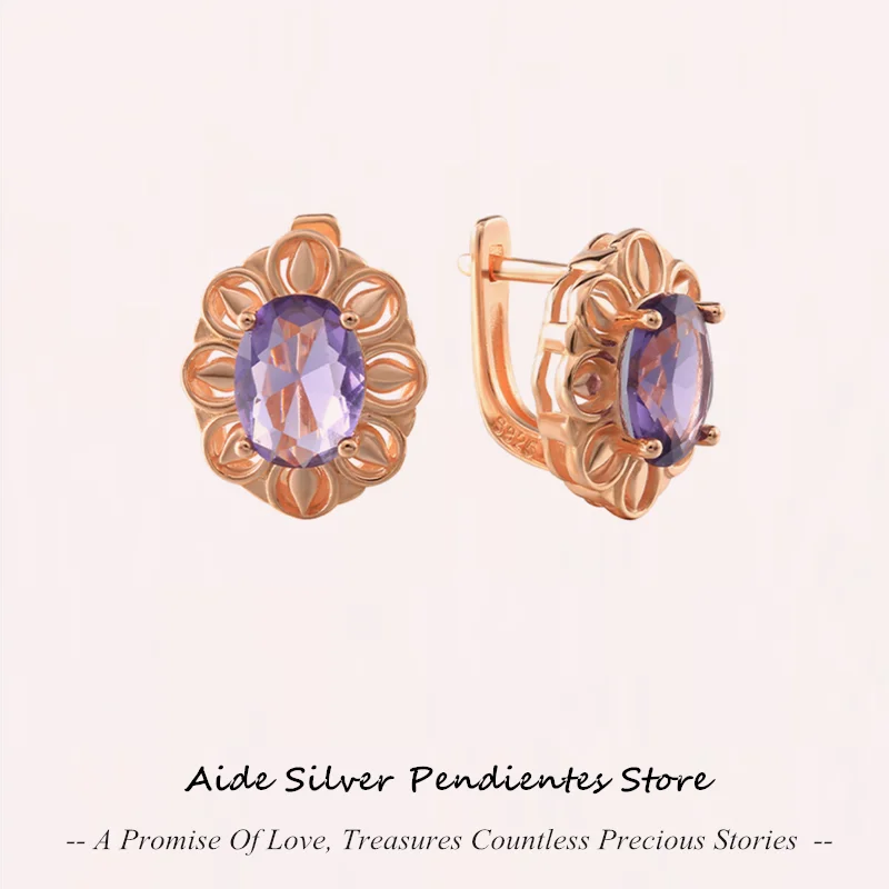 

AIDE 925 Silver Women Earrings Luxury 585 Rose Gold Egg-shaped Purple AAAAA Zircon Stud Earring Fine Jewelry Crystal Gift